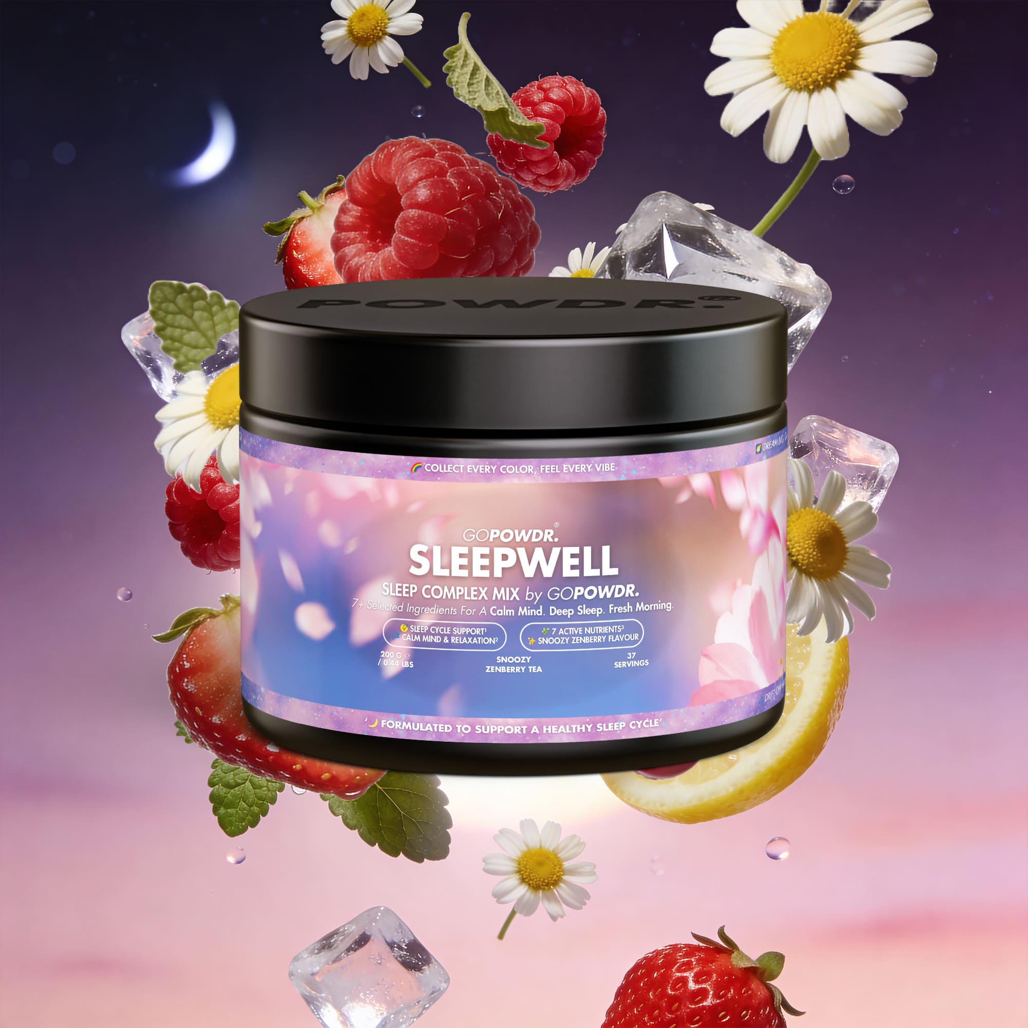 Container of Sleepwell by CC Power supplement with fruits and flowers on a colorful background