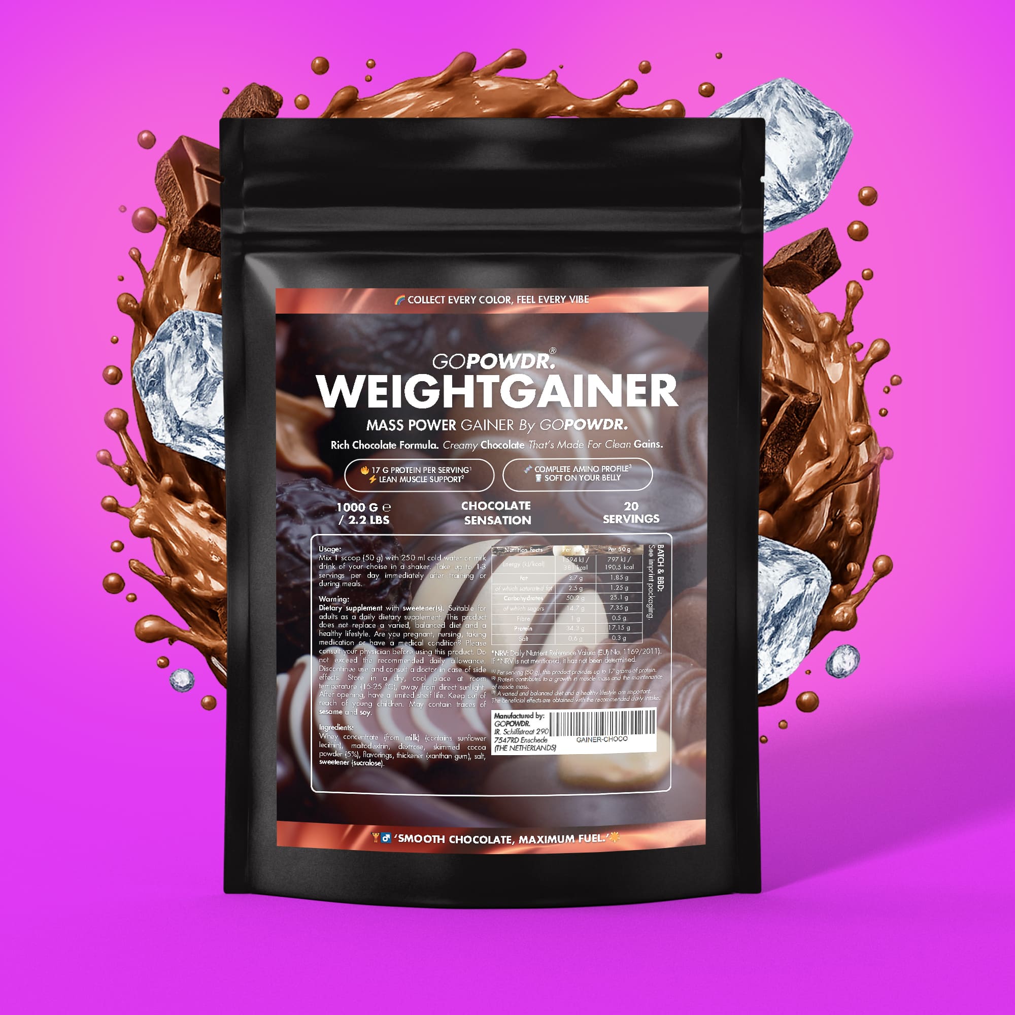 GO Powder Weight Gainer package on a pink background with chocolate splashes and diamonds.